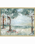 Quiet Arrival - muted landscape original painting fine are print in blue greens and earthy greens layered with light blue, gray, cognac brown, deep brown, terra cotta, cream, and white; framed in gold metal by NLS Design. Large neutral wall art for living rooms, bedrooms, entryways, offices, bathrooms, and above couch and bed. Modern farmhouse rustic impressionistic forest meadow trees. Artwork by NLS Design, nlsdesignllc.com. Real art by a real artist - NO AI. Works with Pottery Barn, Crate & Barrel