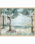 Quiet Arrival - muted landscape original painting fine are print in blue greens and earthy greens layered with light blue, gray, cognac brown, deep brown, terra cotta, cream, and white; framed in natural oak by NLS Design. Large neutral wall art for living rooms, bedrooms, entryways, offices, bathrooms, and above couch and bed. Modern farmhouse rustic impressionistic forest meadow trees. Artwork by NLS Design, nlsdesignllc.com. Real art by a real artist - NO AI. Works with Pottery Barn, Crate & Barrel