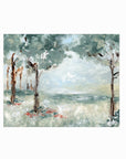 Quiet Arrival - muted landscape original painting fine are print in blue greens and earthy greens layered with light blue, gray, cognac brown, deep brown, terra cotta, cream, and white; unframed by NLS Design. Large neutral wall art for living rooms, bedrooms, entryways, offices, bathrooms, and above couch and bed. Modern farmhouse rustic impressionistic forest meadow trees. Artwork by NLS Design, nlsdesignllc.com. Real art by a real artist - NO AI. Works with Pottery Barn, Crate & Barrel, Serena & Lily