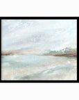 Radiance is a muted soft neutral color abstract landscape in pale gray, light blue, soft sage green, blue green, beige, tan, brown, and white; black oak frame by NLS Design. Large neutral gallery wall art for living rooms, bedrooms, entryways, offices, bathrooms, and above the softa and above the bed. Horizontal Sizes: 8x10, 11x14, 16x20, 18x24, 24x36, 30x40, 40x60 inches. Modern coastal, quiet luxury, modern, minimalist. Artwork by NLS Design, nlsdesignllc.com. Real art by a real artist - NO AI.