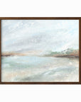 Radiance is a muted soft neutral color abstract landscape in pale gray, light blue, soft sage green, blue green, beige, tan, brown, and white; walnut oak frame by NLS Design. Large neutral gallery wall art for living rooms, bedrooms, entryways, offices, bathrooms, and above the softa and above the bed. Horizontal Sizes: 8x10, 11x14, 16x20, 18x24, 24x36, 30x40, 40x60 inches. Modern coastal, quiet luxury, modern, minimalist. Artwork by NLS Design, nlsdesignllc.com. Real art by a real artist - NO AI.