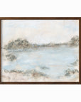Rest - soft muted abstract landscape original painting fine are print in green, blue, beige, gray, cream, brown and white; framed in walnut stain oak by NLS Design. Large neutral wall art for living rooms, bedrooms, and above sofas.