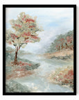 Riverland - River landscape painting art print combining earthy greens and blue greens with light blue, gray, beige, terra cotta, creamy yellow, muted pink and red, and white; framed in black oak by NLS Design. Large neutral wall art for living rooms, bedrooms, entryways, offices, and above the couch and above the bed. Modern farmhouse, cottage, rustic impressionistic, country. Pottery Barn dupe, Serena & Lily, Magnolia, Crate & Barrel, and McGee style. Real art by a real artist - NO AI. nlsdesignllc.com