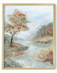 Riverland - River landscape painting art print combining earthy greens and blue greens with light blue, gray, beige, terra cotta, creamy yellow, muted pink and red, and white; framed in gold metal by NLS Design. Large neutral wall art for living rooms, bedrooms, entryways, offices, and above the couch and above the bed. Modern farmhouse, cottage, rustic impressionistic, country. Pottery Barn dupe, Serena & Lily, Magnolia, Crate & Barrel, and McGee style. Real art by a real artist - NO AI. nlsdesignllc.com