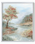 Riverland - River landscape painting art print combining earthy greens and blue greens with light blue, gray, beige, terra cotta, creamy yellow, muted pink and red, and white; framed in silver metal by NLS Design. Large neutral wall art for living rooms, bedrooms, entryways, offices, and above the couch and above the bed. Modern farmhouse, cottage, rustic impressionistic, country. Pottery Barn dupe, Serena & Lily, Magnolia, Crate & Barrel, and McGee style. Real art by a real artist - NO AI. nlsdesignllc.com