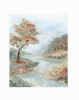 Riverland - River landscape painting art print combining earthy greens and blue greens with light blue, gray, beige, terra cotta, creamy yellow, muted pink and red, and white; unframed by NLS Design. Large neutral wall art for living rooms, bedrooms, entryways, offices, and above the couch and above the bed. Modern farmhouse, cottage, rustic impressionistic, country. Pottery Barn dupe, Serena & Lily, Magnolia, Crate & Barrel, and McGee style. Real art by a real artist - NO AI. nlsdesignllc.com