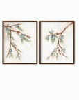 Alina I and II is a set of two abstract botanical floral paintings in warm beige, cream, tan, cognac brown, deep brown, eucalyptus green, blue green, earthy green, light blue, golden yellow, deep royal blue, and white; walnut oak frame by NLS Design. Large neutral gallery wall art for living rooms, bedrooms, entryways, offices, bathrooms, and above the couch and above the bed. Vertical Sizes: 8x10, 11x14, 16x20, 18x24, 24x36 inches. Artwork by NLS Design, nlsdesignllc.com. Real art by a real artist, NO AI