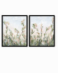 Tending Set of 2 - Tending I and II is a set of two abstract botanical floral paintings in sage green, jade green, moss green, light green, pale blue gray, beige, cream, dusty mauve pink, cognac brown, and white; black oak frame by NLS Design. Large neutral gallery wall art for living rooms, bedrooms, entryways, offices, bathrooms, and above the couch and above the bed. Vertical (each piece): 8x10, 11x14, 16x20, 18x24, 24x36, 30x40, 40x60 in. Artwork by NLS Design, nlsdesignllc.com. Cottage, farmhouse