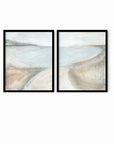 Set of 2 Transcend - abstract coastal beach landscape original painting fine are print set of 2 (diptych) in muted green, blue, beige, brown, white, light gray and white; framed in black oak by NLS Design. Large neutral gallery wall art for living rooms, bedrooms, entryways, offices, bathrooms, and above sofas and beds. Modern coastal, farmhouse, coastal grandmother, quiet luxury, modern, minimalist, vintage design. Artwork by NLS Design, nlsdesignllc.com. Real art by a real artist - NO AI.