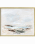 Stay Awhile - abstract beach coastal landscape original painting fine are print in white, light gray, light blue, brown, beige, muted sage green, taupe, tan, cream; framed in gold metal by NLS Design. Large neutral wall art for living rooms, bedrooms, entryways, offices, bathrooms, and above sofas and beds. Modern coastal minimalistic open airy soft design. nlsdesignllc.com