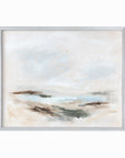 Stay Awhile - abstract beach coastal landscape original painting fine are print in white, light gray, light blue, brown, beige, muted sage green, taupe, tan, cream; framed in silver metal by NLS Design. Large neutral wall art for living rooms, bedrooms, entryways, offices, bathrooms, and above sofas and beds. Modern coastal minimalistic open airy soft design. nlsdesignllc.com