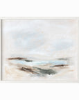 Stay Awhile - abstract beach coastal landscape original painting fine are print in white, light gray, light blue, brown, beige, muted sage green, taupe, tan, cream; framed in white oak by NLS Design. Large neutral wall art for living rooms, bedrooms, entryways, offices, bathrooms, and above sofas and beds. Modern coastal minimalistic open airy soft design. nlsdesignllc.com