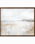Stillness is a neutral minimalist abstract landscape in warm beige, cream, ivory, white, taupe, soft gray, charcoal gray, dark brown, pale blue gray, and muted golden beige; walnut oak frame by NLS Design. Large neutral gallery wall art for living rooms, bedrooms, entryways, offices, bathrooms, and above the couch and above the bed. Modern farmhouse rustic cottage earth tones. Horizontal Sizes: 8x10, 11x14, 16x20, 18x24, 24x36, 30x40, 40x60 inches. Real art by a real artist - NO AI