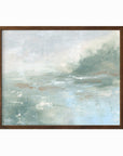Twilight - abstract lake beach coastal landscape original painting fine are print in light blue and blue green with soft gray, warm brown, cream, and white; framed in walnut oak by NLS Design. Large neutral wall art for living rooms, bedrooms, entryways, offices, bathrooms, and above sofas and beds. Modern coastal minimalistic muted soft design. Artwork by NLS Design, nlsdesignllc.com. Real art by a real artist - NO AI. Magnolia, McGee and Co., Crate and Barrel, Serena & Lily, Pottery Barn dupe.