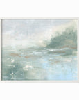 Twilight - abstract lake beach coastal landscape original painting fine are print in light blue and blue green with soft gray, warm brown, cream, and white; framed in white oak by NLS Design. Large neutral wall art for living rooms, bedrooms, entryways, offices, bathrooms, and above sofas and beds. Modern coastal minimalistic muted soft design. Artwork by NLS Design, nlsdesignllc.com. Real art by a real artist - NO AI. Magnolia, McGee and Co., Crate and Barrel, Serena & Lily, Pottery Barn dupe.