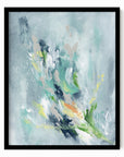 Verdalia - abstract floral botanical original painting fine are print in slate blue, blue, gray, navy blue, teal, beige, yellow, white, green; framed in black oak by NLS Design. Large neutral wall art for living rooms, bedrooms, entryways, offices, bathrooms, and above sofas, couches and beds. Modern elegant sophisticated quiet luxury flower art. Artwork by NLS Design, nlsdesignllc.com. Real art by a real artist - NO AI. Magnolia, McGee and Co., Crate and Barrel, Serena & Lily, Pottery Barn dupe