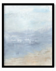 Vision is an abstract coastal landscape in pale gray, light blue, soft navy blue, sand beige, and white; framed in black oak by NLS Design. Large neutral gallery wall art for living rooms, bedrooms, entryways, offices, bathrooms, and above sofas and beds. Modern coastal, coastal grandmother, quiet luxury, modern, minimalist, shabby chic, Nancy Meyers, Pottery Barn, Crate & Barrel dupe. Artwork by NLS Design, nlsdesignllc.com. Real art by a real artist - NO AI.