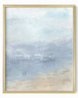 Vision is an abstract coastal landscape in pale gray, light blue, soft navy blue, sand beige, and white; framed in gold metal by NLS Design. Large neutral gallery wall art for living rooms, bedrooms, entryways, offices, bathrooms, and above sofas and beds. Modern coastal, coastal grandmother, quiet luxury, modern, minimalist, shabby chic, Nancy Meyers, Pottery Barn, Crate & Barrel dupe. Artwork by NLS Design, nlsdesignllc.com. Real art by a real artist - NO AI.