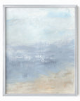 Vision is an abstract coastal landscape in pale gray, light blue, soft navy blue, sand beige, and white; framed in silver metal by NLS Design. Large neutral gallery wall art for living rooms, bedrooms, entryways, offices, bathrooms, and above sofas and beds. Modern coastal, coastal grandmother, quiet luxury, modern, minimalist, shabby chic, Nancy Meyers, Pottery Barn, Crate & Barrel dupe. Artwork by NLS Design, nlsdesignllc.com. Real art by a real artist - NO AI.