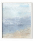 Vision is an abstract coastal landscape in pale gray, light blue, soft navy blue, sand beige, and white; framed in white oak by NLS Design. Large neutral gallery wall art for living rooms, bedrooms, entryways, offices, bathrooms, and above sofas and beds. Modern coastal, coastal grandmother, quiet luxury, modern, minimalist, shabby chic, Nancy Meyers, Pottery Barn, Crate & Barrel dupe. Artwork by NLS Design, nlsdesignllc.com. Real art by a real artist - NO AI.