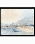 Waiting Sky is a soft neutral abstract landscape in pale gray, soft charcoal gray, warm creamy beige, cognac brown, deep brown, and white; black oak frame by NLS Design. Large neutral gallery wall art for living rooms, bedrooms, entryways, offices, bathrooms, and above the couch and above the bed. Horizontal Sizes: 8x10, 11x14, 16x20, 18x24, 24x36, 30x40, 40x60 inches. Modern coastal, quiet luxury, modern, minimalist, warm, muted. Artwork by NLS Design, nlsdesignllc.com. Real art by a real artist, NO AI