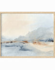 Waiting Sky is a soft neutral abstract landscape in pale gray, soft charcoal gray, warm creamy beige, cognac brown, deep brown, and white; natural oak frame by NLS Design. Large neutral gallery wall art for living rooms, bedrooms, entryways, offices, bathrooms, and above the couch and above the bed. Horizontal Sizes: 8x10, 11x14, 16x20, 18x24, 24x36, 30x40, 40x60 inches. Modern coastal, quiet luxury, modern, minimalist, warm, muted. Artwork by NLS Design, nlsdesignllc.com. Real art by a real artist, NO AI