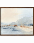 Waiting Sky is a soft neutral abstract landscape in pale gray, soft charcoal gray, warm creamy beige, cognac brown, deep brown, and white; walnut oak frame by NLS Design. Large neutral gallery wall art for living rooms, bedrooms, entryways, offices, bathrooms, and above the couch and above the bed. Horizontal Sizes: 8x10, 11x14, 16x20, 18x24, 24x36, 30x40, 40x60 inches. Modern coastal, quiet luxury, modern, minimalist, warm, muted. Artwork by NLS Design, nlsdesignllc.com. Real art by a real artist, NO AI