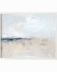 Wistful is a soft abstract landscape in pale blue, pale gray, warm beige, warm cream, ivory, taupe, pale slate gray, navy blue, and white; white oak frame by NLS Design. Large neutral gallery wall art for living rooms, bedrooms, entryways, offices, bathrooms, and above the couch and above the bed. Horizontal Sizes: 8x10, 11x14, 16x20, 18x24, 24x36, 30x40, 40x60 inches. Modern coastal, quiet luxury, modern, minimalist, contemporary. Artwork by NLS Design, nlsdesignllc.com. Real art by a real artist - NO AI