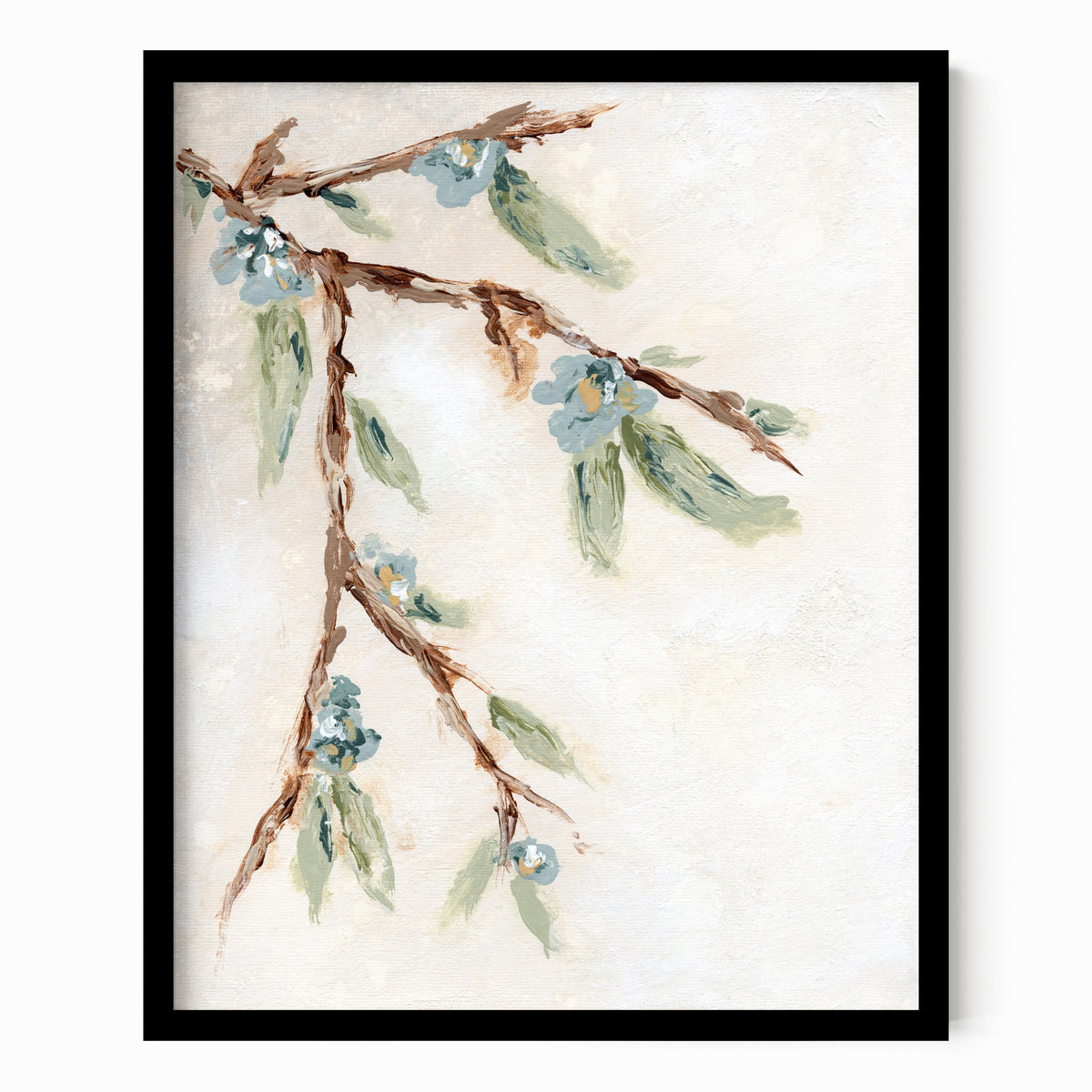 Alina I is an abstract botanical flower branch painting in warm beige, cream, tan, cognac brown, deep brown, eucalyptus green, blue green, earthy green, light blue, golden yellow, deep royal blue, and white; black oak frame by NLS Design. Large neutral gallery wall art for living rooms, bedrooms, entryways, offices, bathrooms. Vertical Sizes: 8x10, 11x14, 16x20, 18x24, 24x36, 30x40, 40x60 inches. Artwork by NLS Design, nlsdesignllc.com. Real art by a real artist, NO AI