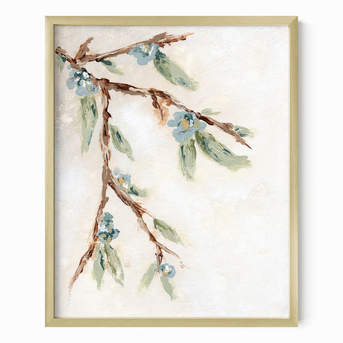 Alina I is an abstract botanical flower branch painting in warm beige, cream, tan, cognac brown, deep brown, eucalyptus green, blue green, earthy green, light blue, golden yellow, deep royal blue, and white; gold metal frame by NLS Design. Large neutral gallery wall art for living rooms, bedrooms, entryways, offices, bathrooms. Vertical Sizes: 8x10, 11x14, 16x20, 18x24, 24x36, 30x40, 40x60 inches. Artwork by NLS Design, nlsdesignllc.com. Real art by a real artist, NO AI