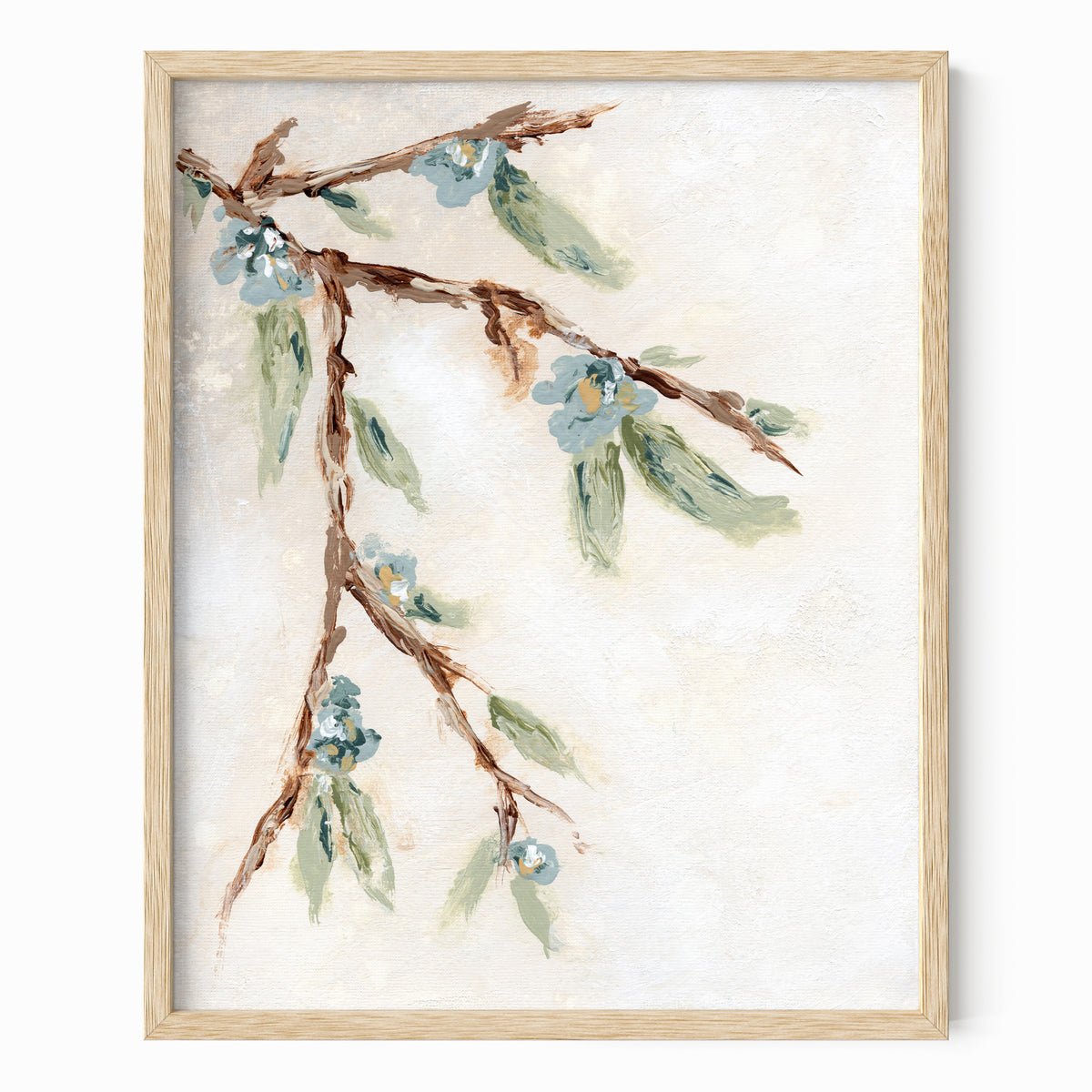 Alina I is an abstract botanical flower branch painting in warm beige, cream, tan, cognac brown, deep brown, eucalyptus green, blue green, earthy green, light blue, golden yellow, deep royal blue, and white; natural oak frame by NLS Design. Large neutral gallery wall art for living rooms, bedrooms, entryways, offices, bathrooms. Vertical Sizes: 8x10, 11x14, 16x20, 18x24, 24x36, 30x40, 40x60 inches. Artwork by NLS Design, nlsdesignllc.com. Real art by a real artist, NO AI