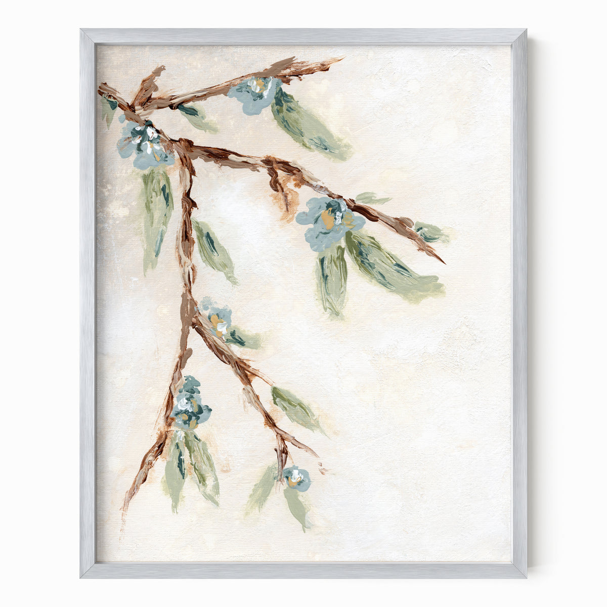 Alina I is an abstract botanical flower branch painting in warm beige, cream, tan, cognac brown, deep brown, eucalyptus green, blue green, earthy green, light blue, golden yellow, deep royal blue, and white; silver metal frame by NLS Design. Large neutral gallery wall art for living rooms, bedrooms, entryways, offices, bathrooms. Vertical Sizes: 8x10, 11x14, 16x20, 18x24, 24x36, 30x40, 40x60 inches. Artwork by NLS Design, nlsdesignllc.com. Real art by a real artist, NO AI