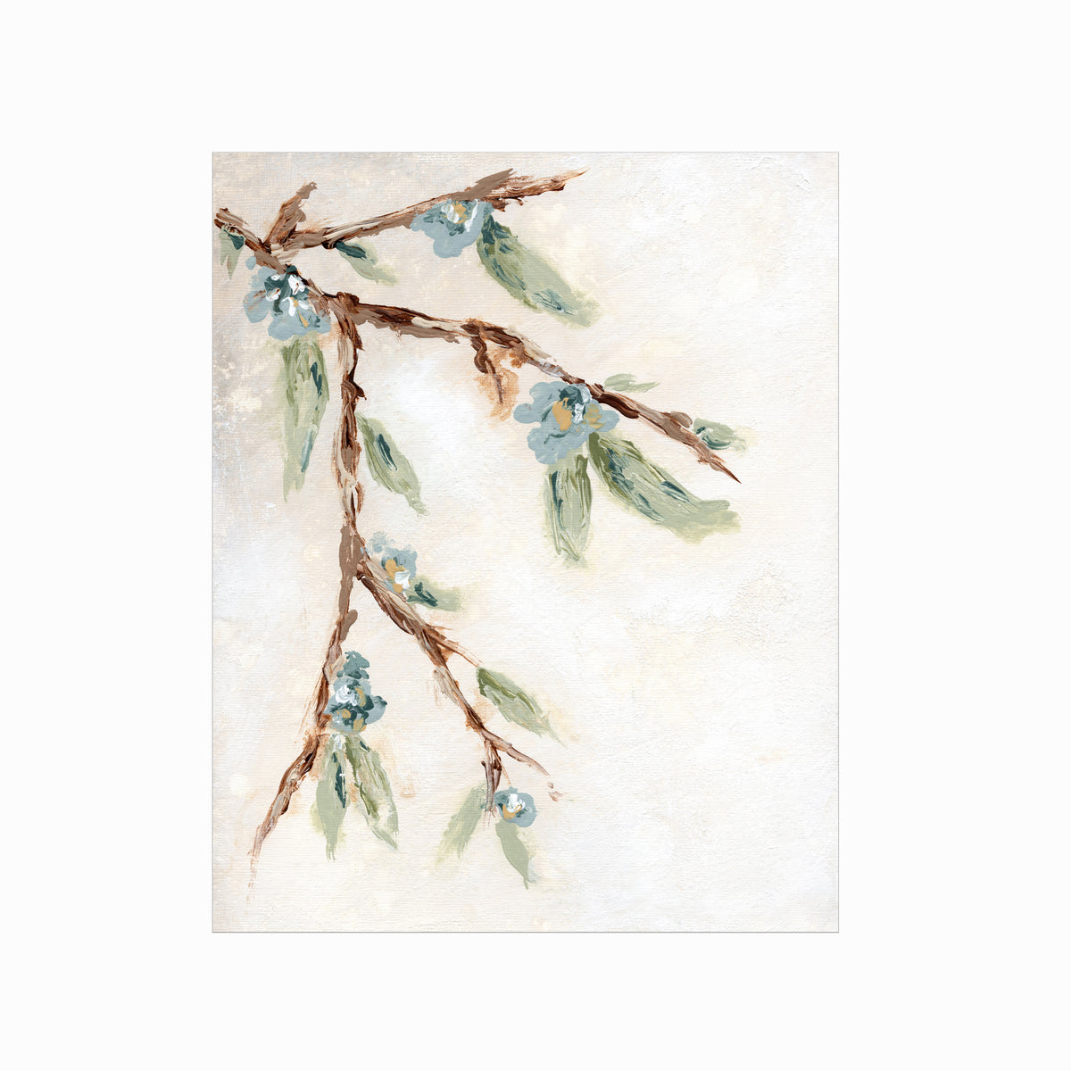 Alina I is an abstract botanical flower branch painting in warm beige, cream, tan, cognac brown, deep brown, eucalyptus green, blue green, earthy green, light blue, golden yellow, deep royal blue, and white; unframed by NLS Design. Large neutral gallery wall art for living rooms, bedrooms, entryways, offices, bathrooms. Vertical Sizes: 8x10, 11x14, 16x20, 18x24, 24x36, 30x40, 40x60 inches. Artwork by NLS Design, nlsdesignllc.com. Real art by a real artist, NO AI