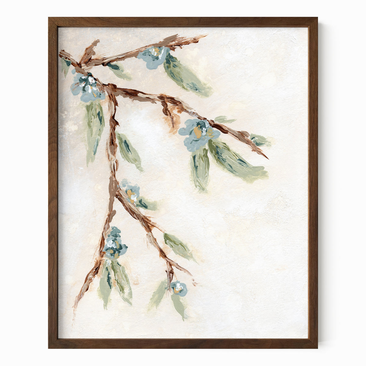 Alina I is an abstract botanical flower branch painting in warm beige, cream, tan, cognac brown, deep brown, eucalyptus green, blue green, earthy green, light blue, golden yellow, deep royal blue, and white; walnut oak frame by NLS Design. Large neutral gallery wall art for living rooms, bedrooms, entryways, offices, bathrooms. Vertical Sizes: 8x10, 11x14, 16x20, 18x24, 24x36, 30x40, 40x60 inches. Artwork by NLS Design, nlsdesignllc.com. Real art by a real artist, NO AI