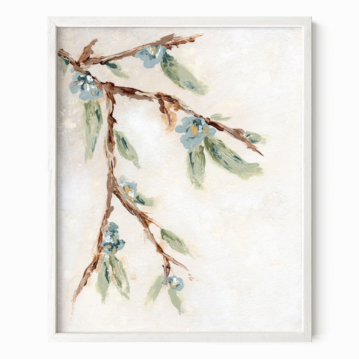 Alina I is an abstract botanical flower branch painting in warm beige, cream, tan, cognac brown, deep brown, eucalyptus green, blue green, earthy green, light blue, golden yellow, deep royal blue, and white; white oak frame by NLS Design. Large neutral gallery wall art for living rooms, bedrooms, entryways, offices, bathrooms. Vertical Sizes: 8x10, 11x14, 16x20, 18x24, 24x36, 30x40, 40x60 inches. Artwork by NLS Design, nlsdesignllc.com. Real art by a real artist, NO AI
