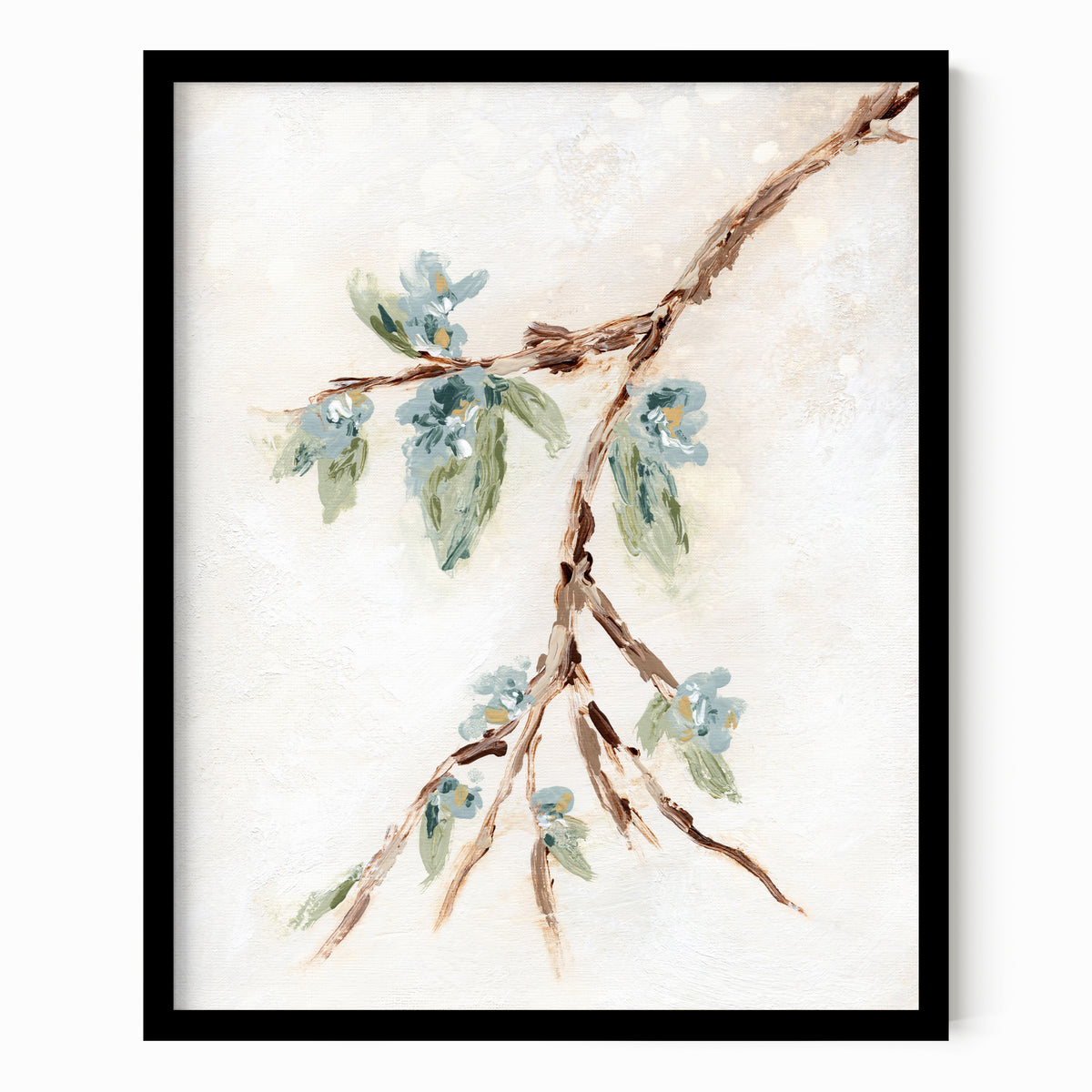 Alina II is an abstract botanical flowers painting in warm beige, cream, tan, cognac brown, deep brown, eucalyptus green, blue green, earthy green, light blue, golden yellow, deep royal blue, and white; black oak frame by NLS Design. Large neutral gallery wall art for living rooms, bedrooms, entryways, offices, bathrooms, and above the couch and above the bed. Vertical Sizes: 8x10, 11x14, 16x20, 18x24, 24x36, 30x40, 40x60 inches. Artwork by NLS Design, nlsdesignllc.com. Real art by a real artist, NO AI