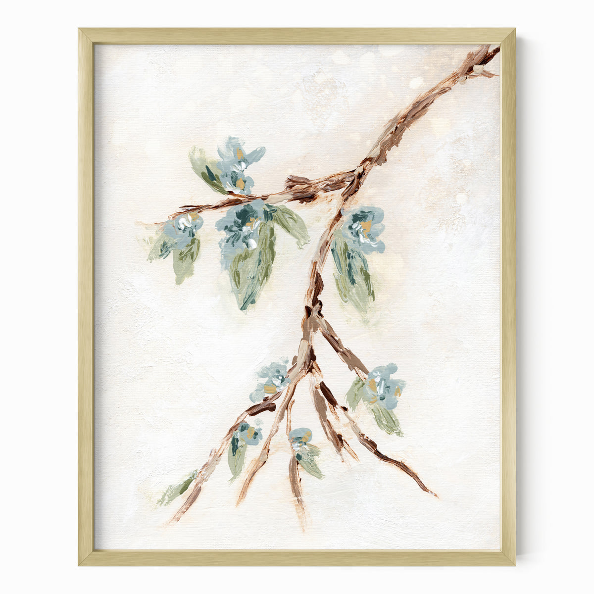 Alina II is an abstract botanical flowers painting in warm beige, cream, tan, cognac brown, deep brown, eucalyptus green, blue green, earthy green, light blue, golden yellow, deep royal blue, and white; gold metal frame by NLS Design. Large neutral gallery wall art for living rooms, bedrooms, entryways, offices, bathrooms, and above the couch and above the bed. Vertical Sizes: 8x10, 11x14, 16x20, 18x24, 24x36, 30x40, 40x60 inches. Artwork by NLS Design, nlsdesignllc.com. Real art by a real artist, NO AI