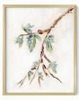 Alina II is an abstract botanical flowers painting in warm beige, cream, tan, cognac brown, deep brown, eucalyptus green, blue green, earthy green, light blue, golden yellow, deep royal blue, and white; gold metal frame by NLS Design. Large neutral gallery wall art for living rooms, bedrooms, entryways, offices, bathrooms, and above the couch and above the bed. Vertical Sizes: 8x10, 11x14, 16x20, 18x24, 24x36, 30x40, 40x60 inches. Artwork by NLS Design, nlsdesignllc.com. Real art by a real artist, NO AI