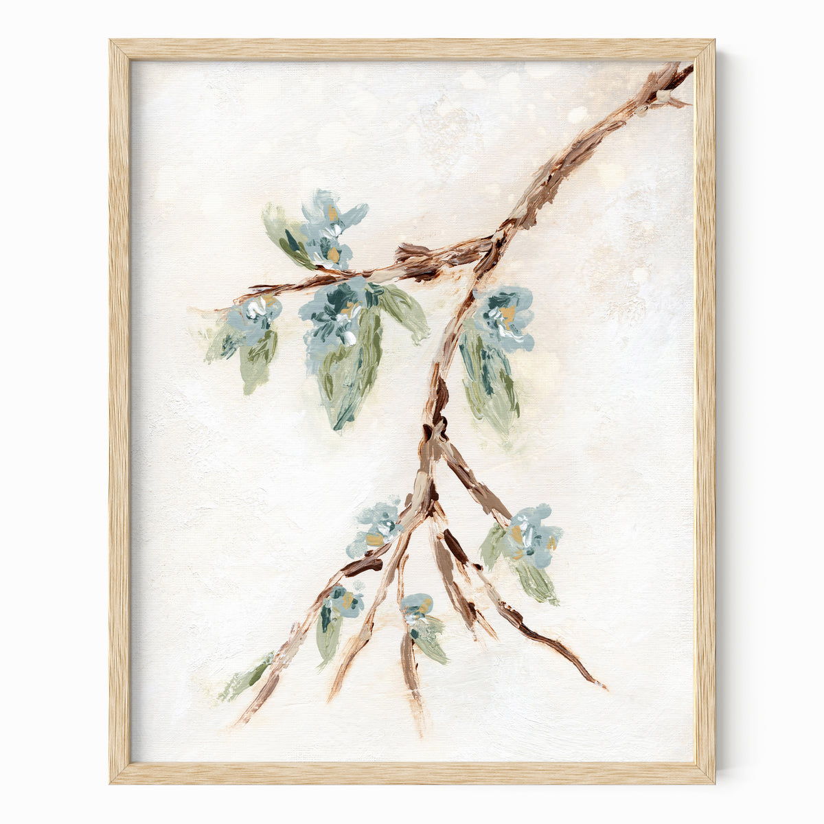 Alina II is an abstract botanical flowers painting in warm beige, cream, tan, cognac brown, deep brown, eucalyptus green, blue green, earthy green, light blue, golden yellow, deep royal blue, and white; natural oak frame by NLS Design. Large neutral gallery wall art for living rooms, bedrooms, entryways, offices, bathrooms, and above the couch and above the bed. Vertical Sizes: 8x10, 11x14, 16x20, 18x24, 24x36, 30x40, 40x60 inches. Artwork by NLS Design, nlsdesignllc.com. Real art by a real artist, NO AI