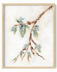 Alina II is an abstract botanical flowers painting in warm beige, cream, tan, cognac brown, deep brown, eucalyptus green, blue green, earthy green, light blue, golden yellow, deep royal blue, and white; natural oak frame by NLS Design. Large neutral gallery wall art for living rooms, bedrooms, entryways, offices, bathrooms, and above the couch and above the bed. Vertical Sizes: 8x10, 11x14, 16x20, 18x24, 24x36, 30x40, 40x60 inches. Artwork by NLS Design, nlsdesignllc.com. Real art by a real artist, NO AI