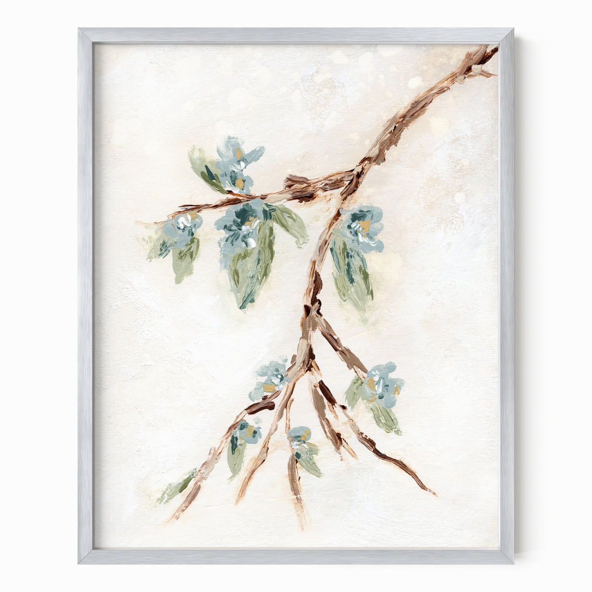 Alina II is an abstract botanical flowers painting in warm beige, cream, tan, cognac brown, deep brown, eucalyptus green, blue green, earthy green, light blue, golden yellow, deep royal blue, and white; silver metal frame by NLS Design. Large neutral gallery wall art for living rooms, bedrooms, entryways, offices, bathrooms, and above the couch and above the bed. Vertical Sizes: 8x10, 11x14, 16x20, 18x24, 24x36, 30x40, 40x60 inches. Artwork by NLS Design, nlsdesignllc.com. Real art by a real artist, NO AI