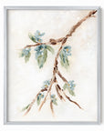 Alina II is an abstract botanical flowers painting in warm beige, cream, tan, cognac brown, deep brown, eucalyptus green, blue green, earthy green, light blue, golden yellow, deep royal blue, and white; silver metal frame by NLS Design. Large neutral gallery wall art for living rooms, bedrooms, entryways, offices, bathrooms, and above the couch and above the bed. Vertical Sizes: 8x10, 11x14, 16x20, 18x24, 24x36, 30x40, 40x60 inches. Artwork by NLS Design, nlsdesignllc.com. Real art by a real artist, NO AI