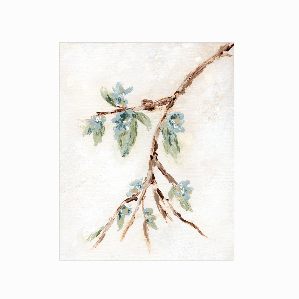 Alina II is an abstract botanical flowers painting in warm beige, cream, tan, cognac brown, deep brown, eucalyptus green, blue green, earthy green, light blue, golden yellow, deep royal blue, and white; unframed by NLS Design. Large neutral gallery wall art for living rooms, bedrooms, entryways, offices, bathrooms, and above the couch and above the bed. Vertical Sizes: 8x10, 11x14, 16x20, 18x24, 24x36, 30x40, 40x60 inches. Artwork by NLS Design, nlsdesignllc.com. Real art by a real artist, NO AI