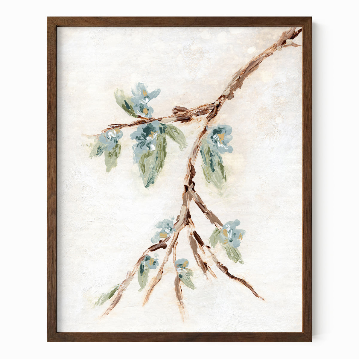 Alina II is an abstract botanical flowers painting in warm beige, cream, tan, cognac brown, deep brown, eucalyptus green, blue green, earthy green, light blue, golden yellow, deep royal blue, and white; walnut oak frame by NLS Design. Large neutral gallery wall art for living rooms, bedrooms, entryways, offices, bathrooms, and above the couch and above the bed. Vertical Sizes: 8x10, 11x14, 16x20, 18x24, 24x36, 30x40, 40x60 inches. Artwork by NLS Design, nlsdesignllc.com. Real art by a real artist, NO AI