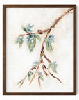Alina II is an abstract botanical flowers painting in warm beige, cream, tan, cognac brown, deep brown, eucalyptus green, blue green, earthy green, light blue, golden yellow, deep royal blue, and white; walnut oak frame by NLS Design. Large neutral gallery wall art for living rooms, bedrooms, entryways, offices, bathrooms, and above the couch and above the bed. Vertical Sizes: 8x10, 11x14, 16x20, 18x24, 24x36, 30x40, 40x60 inches. Artwork by NLS Design, nlsdesignllc.com. Real art by a real artist, NO AI