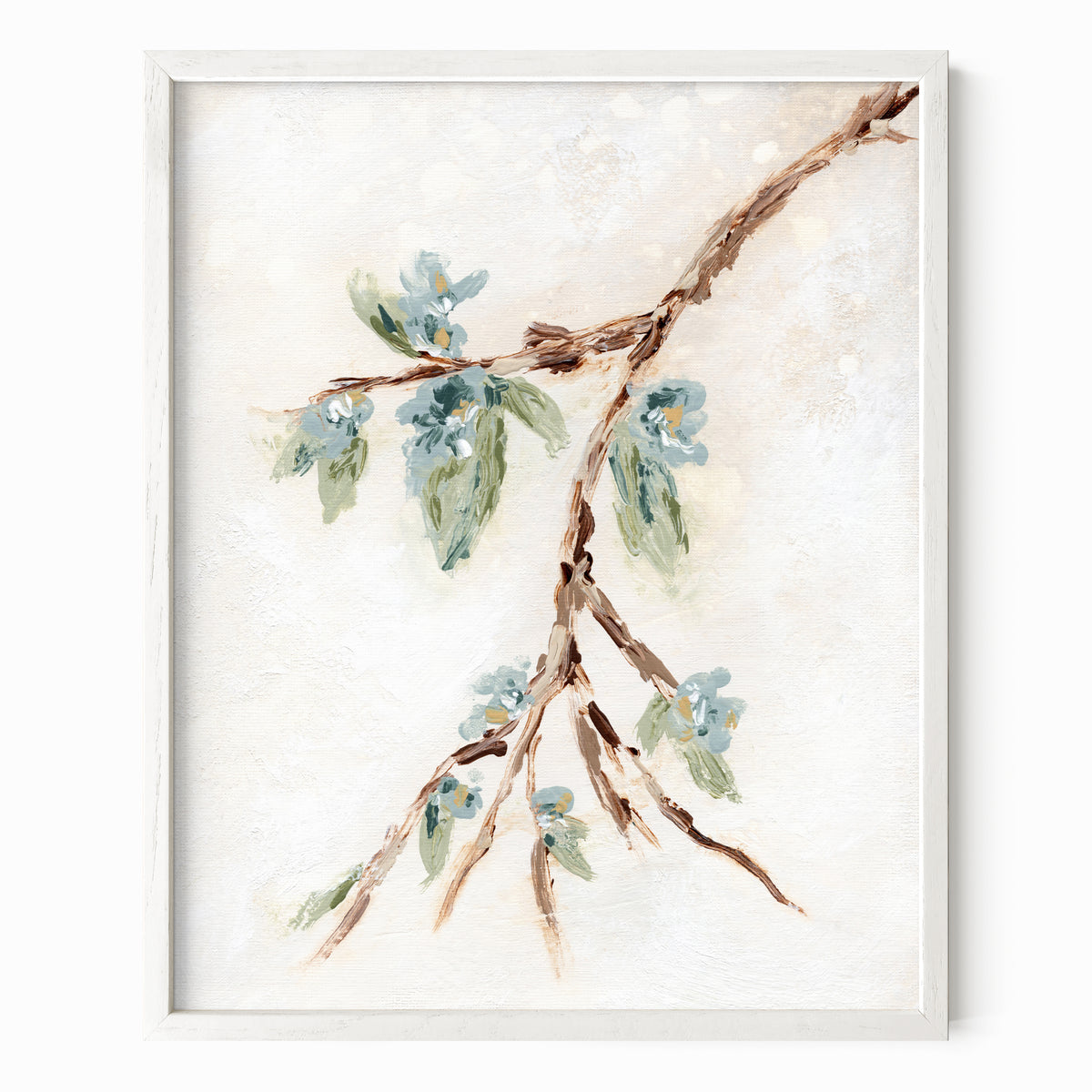 Alina II is an abstract botanical flowers painting in warm beige, cream, tan, cognac brown, deep brown, eucalyptus green, blue green, earthy green, light blue, golden yellow, deep royal blue, and white; white oak frame by NLS Design. Large neutral gallery wall art for living rooms, bedrooms, entryways, offices, bathrooms, and above the couch and above the bed. Vertical Sizes: 8x10, 11x14, 16x20, 18x24, 24x36, 30x40, 40x60 inches. Artwork by NLS Design, nlsdesignllc.com. Real art by a real artist, NO AI