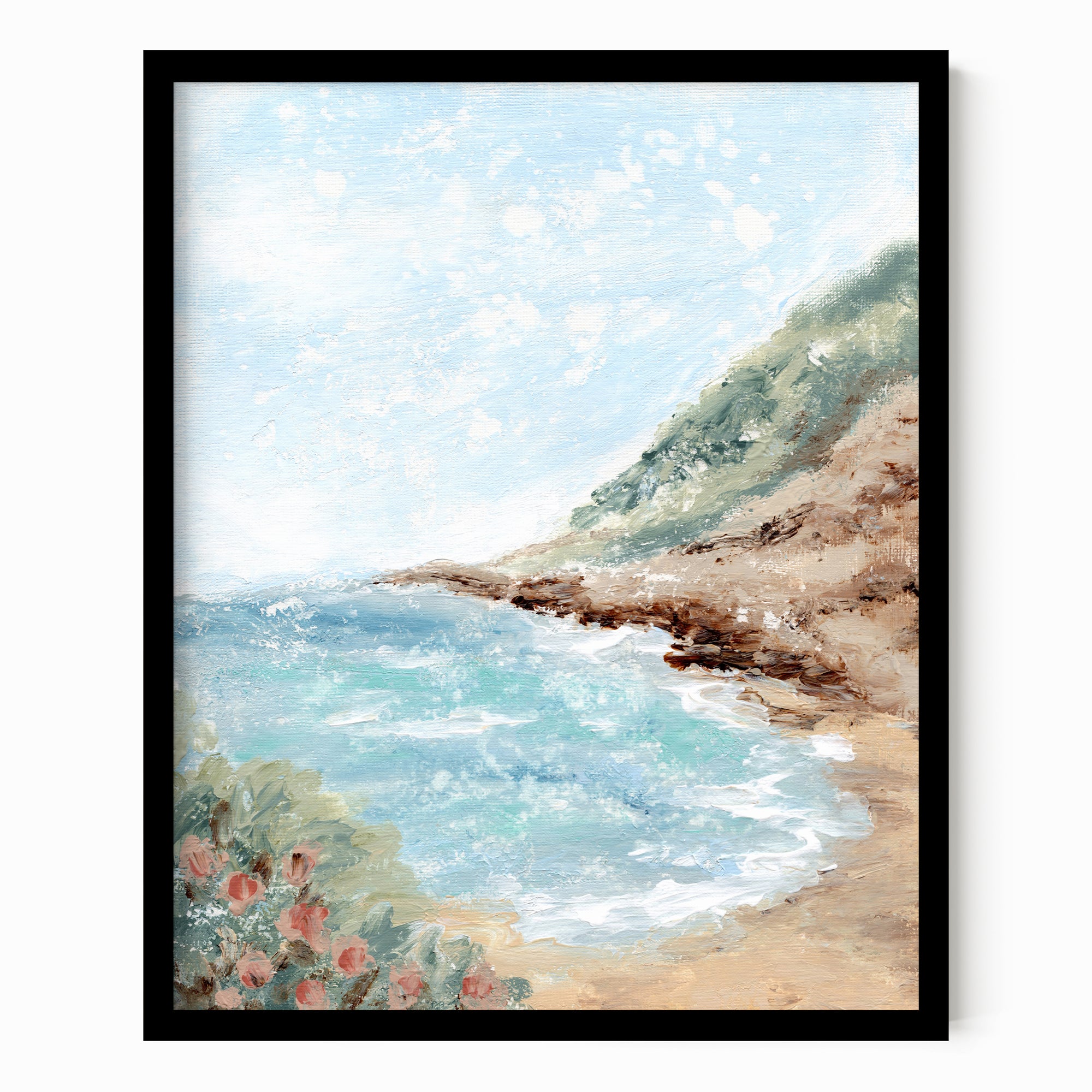 Aluna - Coastal beach landscape painting art print blending light blue, royal blues, and teal with earthy green, blue green, beige, cognac brown, deep brown, cream, gray, and white; framed in black oak by NLS Design. Large neutral wall art for living rooms, bedrooms, offices, and above the couch and above the bed. Modern coastal, Nancy Meyers, tropical. Pottery Barn dupe, Serena &amp; Lily, Magnolia, Crate &amp; Barrel, and McGee style. Real art by a real artist - NO AI. nlsdesignllc.com