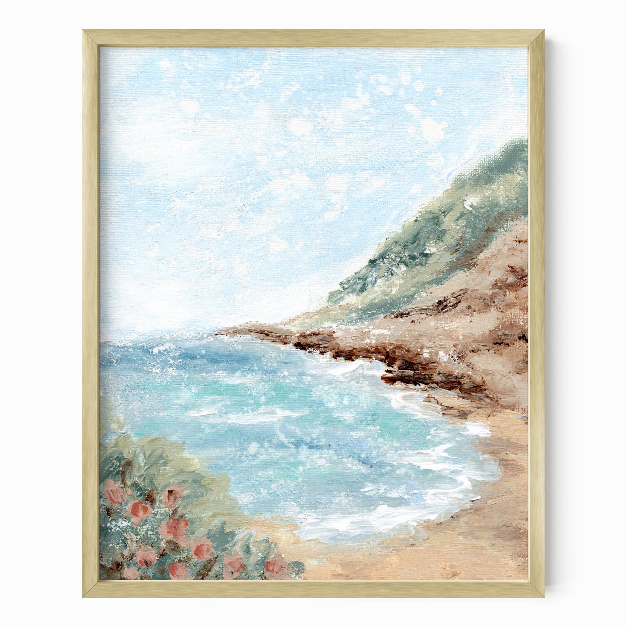 Aluna - Coastal beach landscape painting art print blending light blue, royal blues, and teal with earthy green, blue green, beige, cognac brown, deep brown, cream, gray, and white; framed in gold metal by NLS Design. Large neutral wall art for living rooms, bedrooms, offices, and above the couch and above the bed. Modern coastal, Nancy Meyers, tropical. Pottery Barn dupe, Serena &amp; Lily, Magnolia, Crate &amp; Barrel, and McGee style. Real art by a real artist - NO AI. nlsdesignllc.com