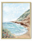 Aluna - Coastal beach landscape painting art print blending light blue, royal blues, and teal with earthy green, blue green, beige, cognac brown, deep brown, cream, gray, and white; framed in gold metal by NLS Design. Large neutral wall art for living rooms, bedrooms, offices, and above the couch and above the bed. Modern coastal, Nancy Meyers, tropical. Pottery Barn dupe, Serena & Lily, Magnolia, Crate & Barrel, and McGee style. Real art by a real artist - NO AI. nlsdesignllc.com