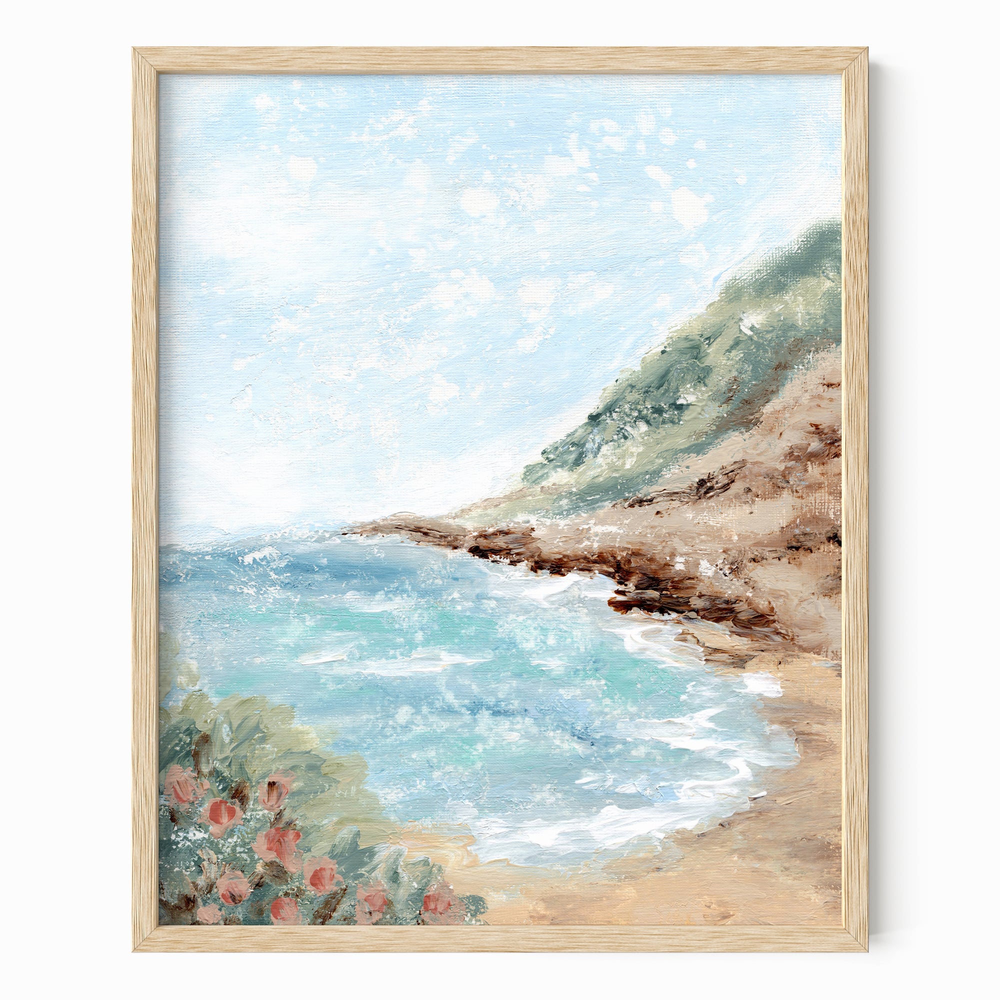 Aluna - Coastal beach landscape painting art print blending light blue, royal blues, and teal with earthy green, blue green, beige, cognac brown, deep brown, cream, gray, and white; framed in natural oak by NLS Design. Large neutral wall art for living rooms, bedrooms, offices, and above the couch and above the bed. Modern coastal, Nancy Meyers, tropical. Pottery Barn dupe, Serena & Lily, Magnolia, Crate & Barrel, and McGee style. Real art by a real artist - NO AI. nlsdesignllc.com